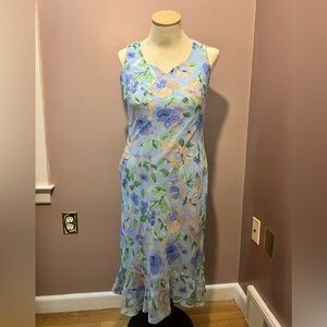 90’s Sweetheart Neckline Baby Blue Floral Asymmetrical Midi Dress Size 10 Stain